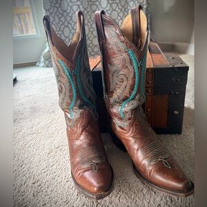 J.B. Dillon Western Boots with Brown and Teal Embroidery - Size 7